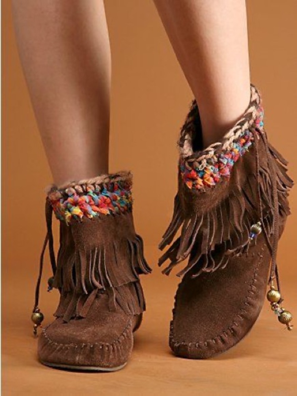 Jeffrey Campbell Brown Suede Fringe Moccasins with Multicolor Knit Cuff